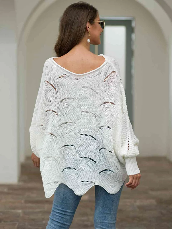 full-size-boat-neck-lantern-sleeve-openwork-knit-top