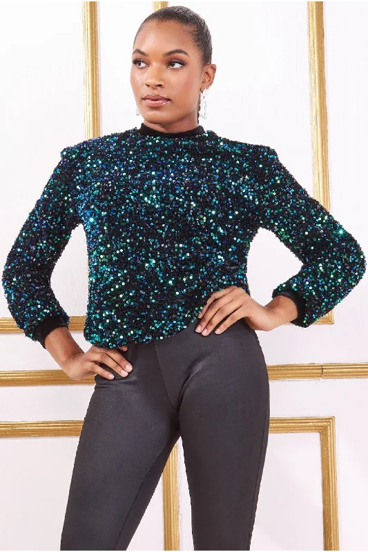 Goddiva Multi Sequin Velvet Jumper -  Emerald Green