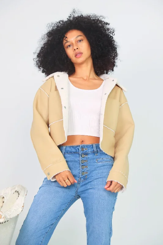 Petite Double-Faced Faux Leather Crop Jacket (Khaki)